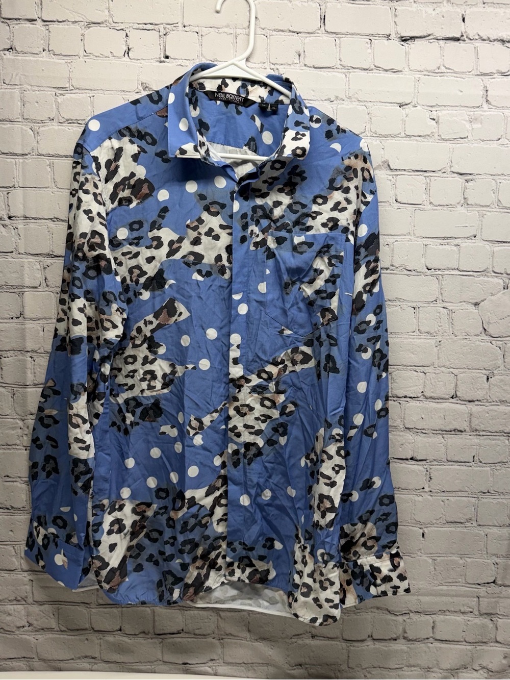 Neil Barrett Light Blue Leopard & Polka Dot Button-Down Shirt Sz XL